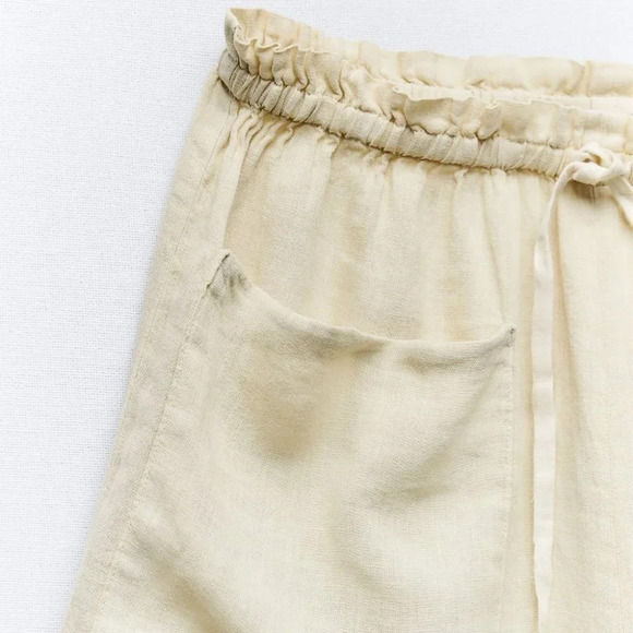 Zara 100% Linen Shorts w/ Pockets  Oversized Cream Pastel Yellow Medium NWT - Picture 5 of 9